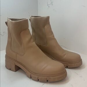 Redtop Women Nude Faux Leather Elastic Chunky Block Heel Platform Chelsea Boot